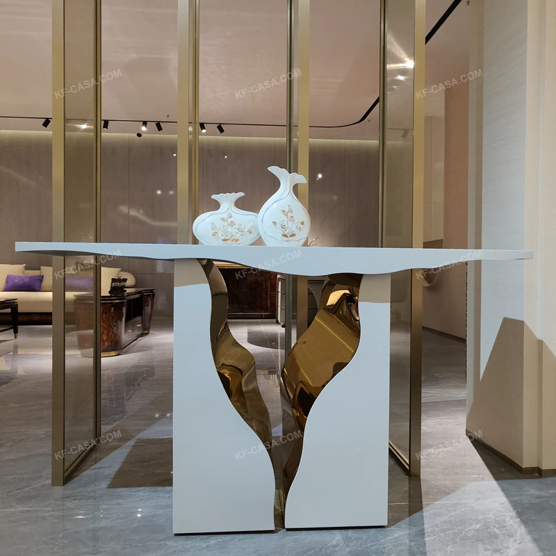 Sculptural White Console Table with Fluid Cutout and Polished Gold Interior Core